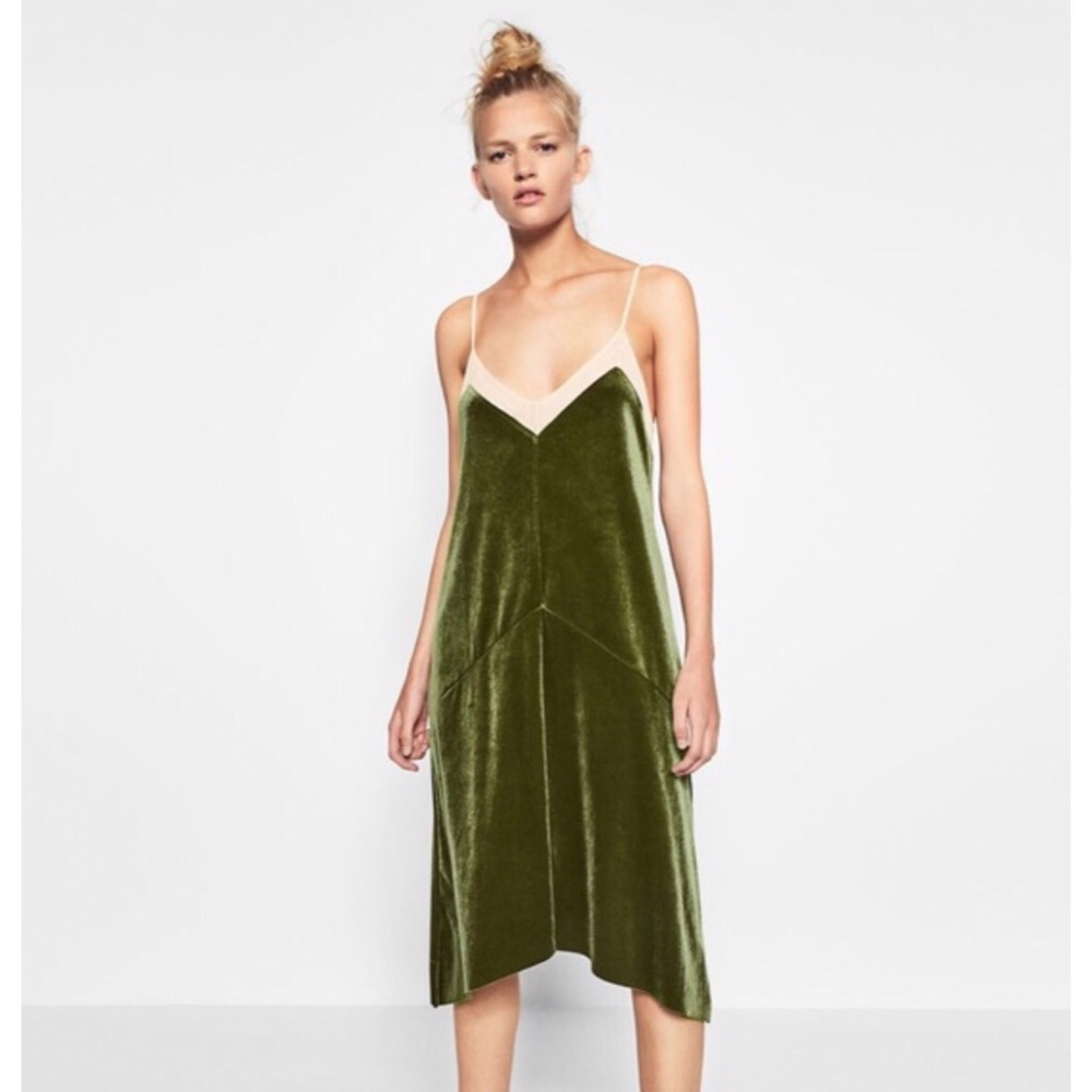 NWT Zara Olive Green Velvet Midi Dress Size L